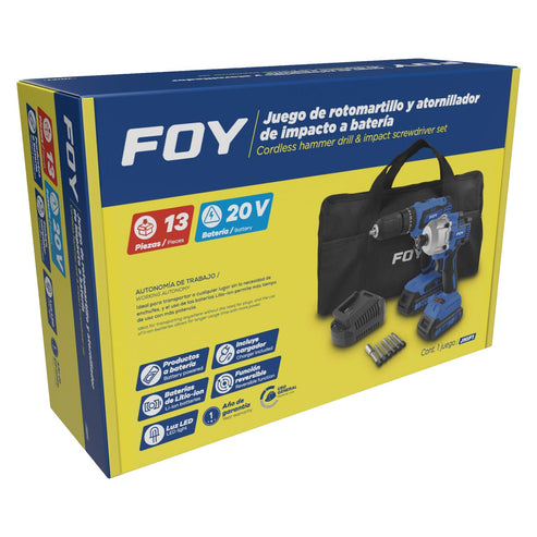 Juego De Rotomartillo Y Atornillador De Impacto A Batería Li-Ion 20 V 2 Piezas, Con Mochila, Foy JHIF1