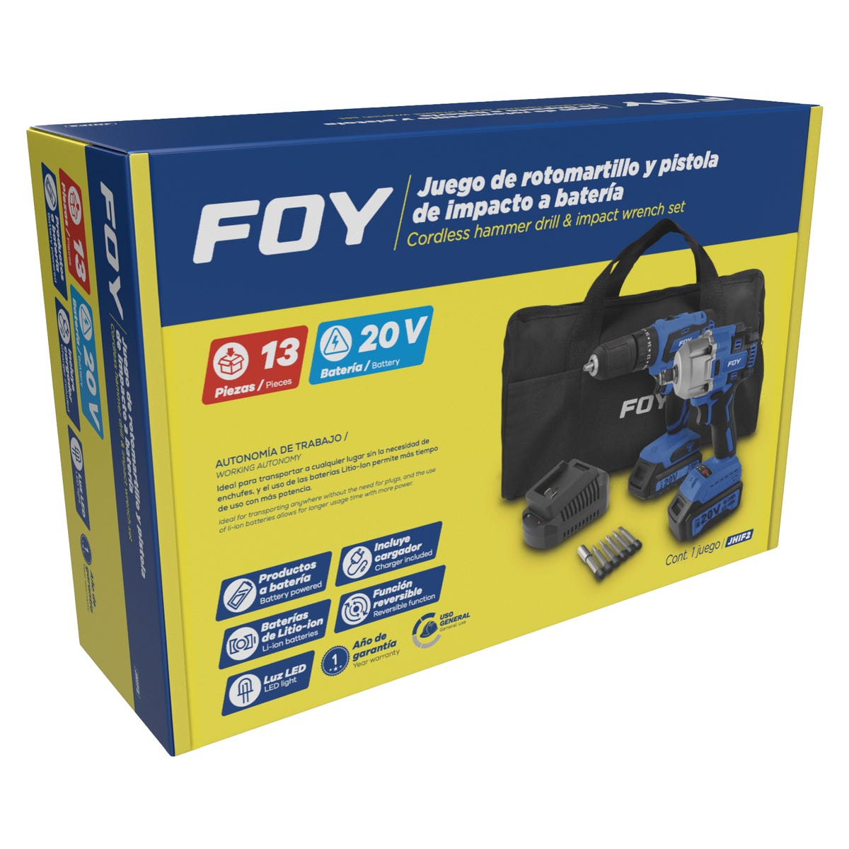 Juego De Rotomartillo Y Pistola De Impacto A Batería Li-Ion 20 V 2 Piezas, Con Mochila, Foy JHIF2
