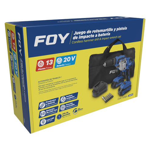 Juego De Rotomartillo Y Pistola De Impacto A Batería Li-Ion 20 V 2 Piezas, Con Mochila, Foy JHIF2