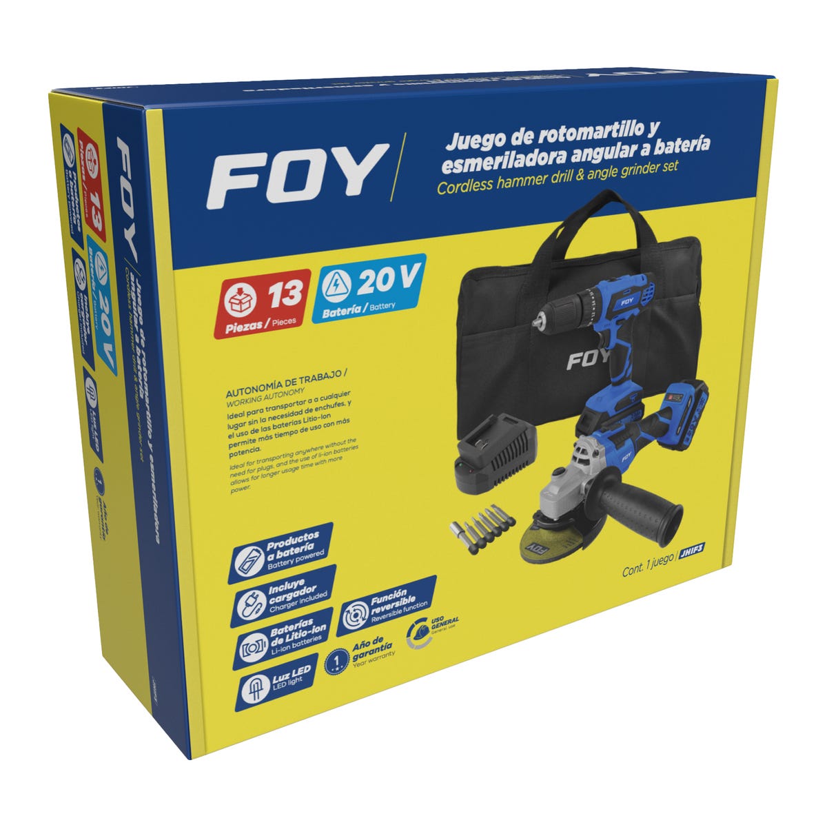 Juego De Rotomartillo Y Esmeriladora A Batería Li-Ion 20 V 2 Piezas, Con Mochila, Foy JHIF3