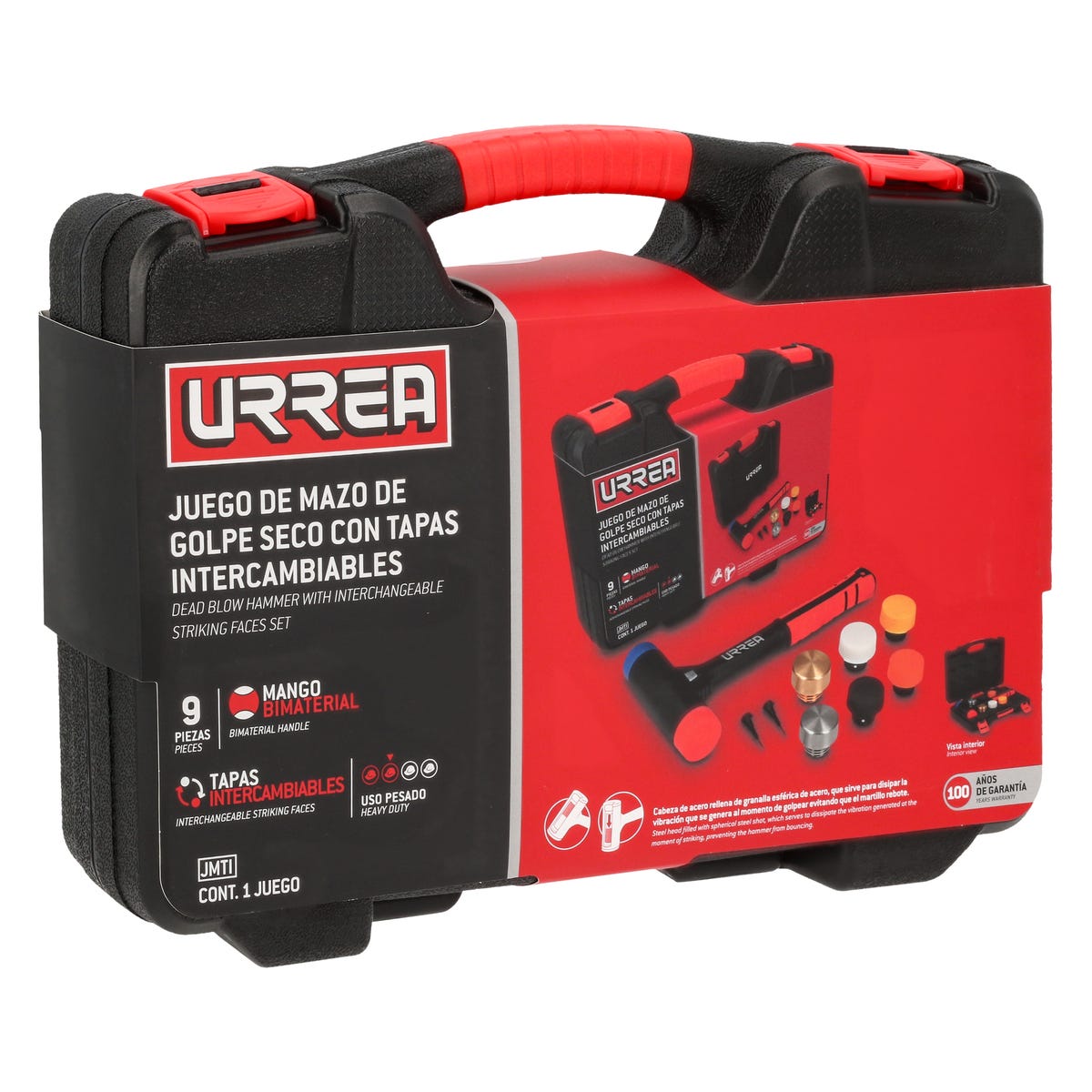 Juego De Mazo De Golpe Seco Con Mango Rubber Grip Tapas Intercambiables 16 Oz, 9 Piezas, Urrea JMTI