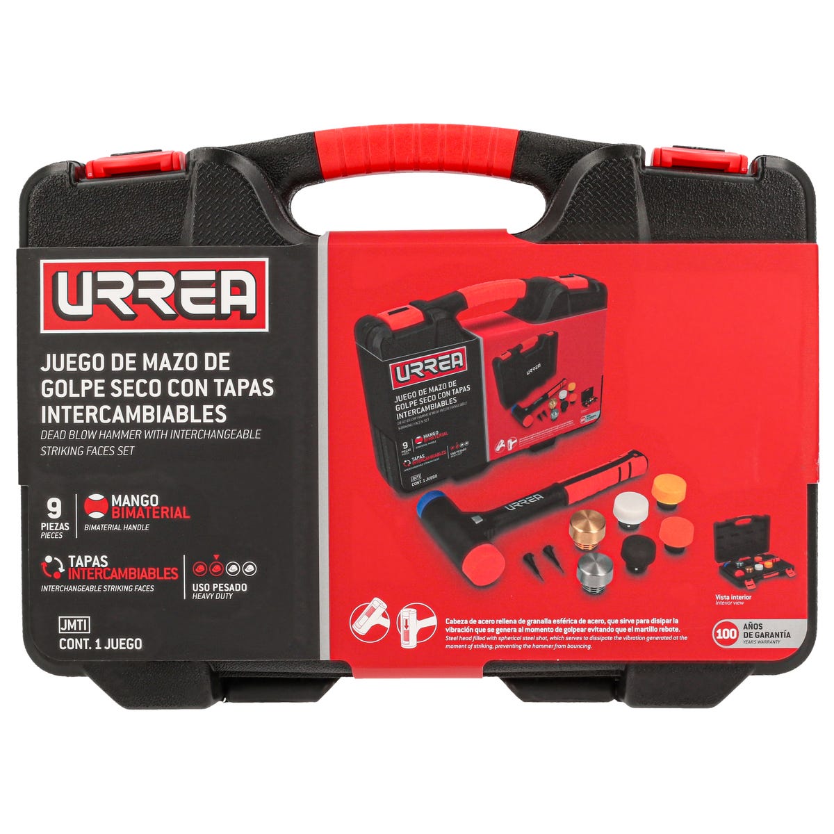 Juego De Mazo De Golpe Seco Con Mango Rubber Grip Tapas Intercambiables 16 Oz, 9 Piezas, Urrea JMTI