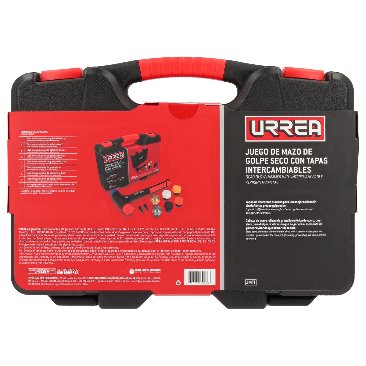 Juego De Mazo De Golpe Seco Con Mango Rubber Grip Tapas Intercambiables 16 Oz, 9 Piezas, Urrea JMTI