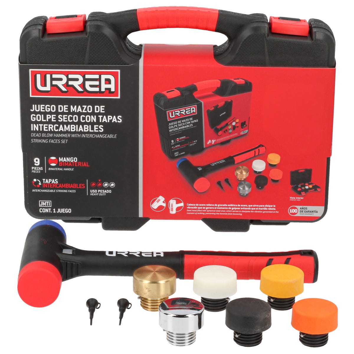 Juego De Mazo De Golpe Seco Con Mango Rubber Grip Tapas Intercambiables 16 Oz, 9 Piezas, Urrea JMTI