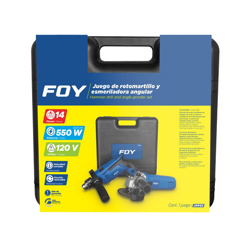 Juego De Rotomartillo Y Esmeriladora Angular Con Accesorios 14 Piezas, Con Caja Plástica, Foy JPF01