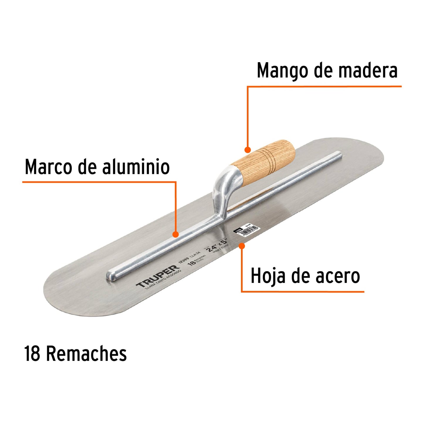12399 LLA-24 Llana canto redondo 24" x 5" con mango de madera, truper