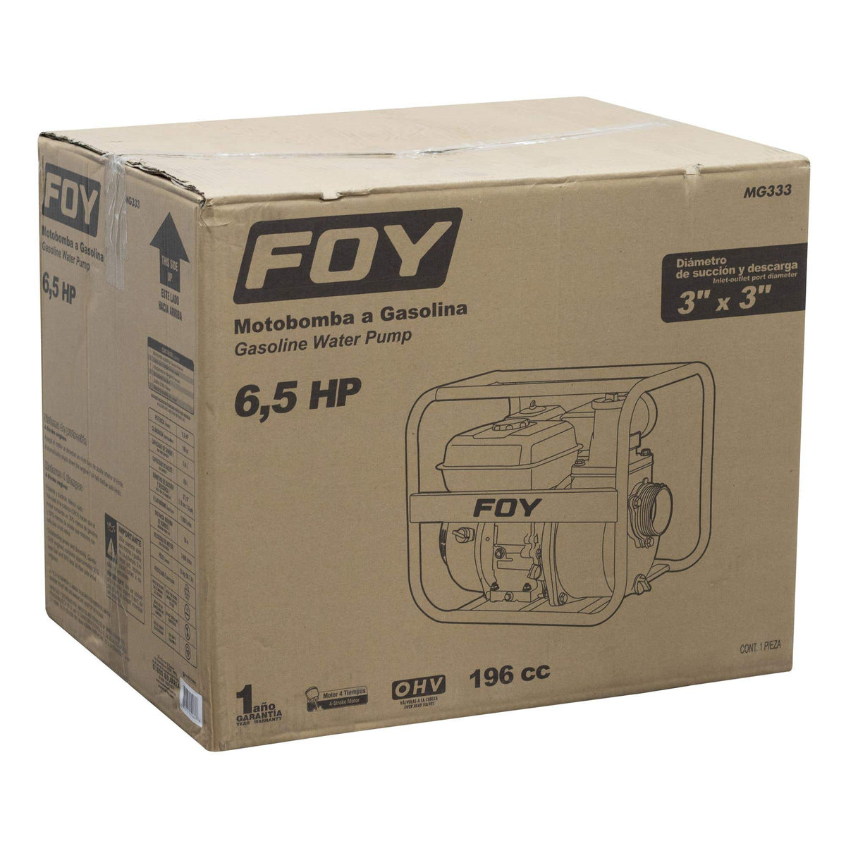 Motobomba A Gasolina Con Diámetro De Succión Y Descarga De 3 x 3, 6.5 HP, Foy MG333