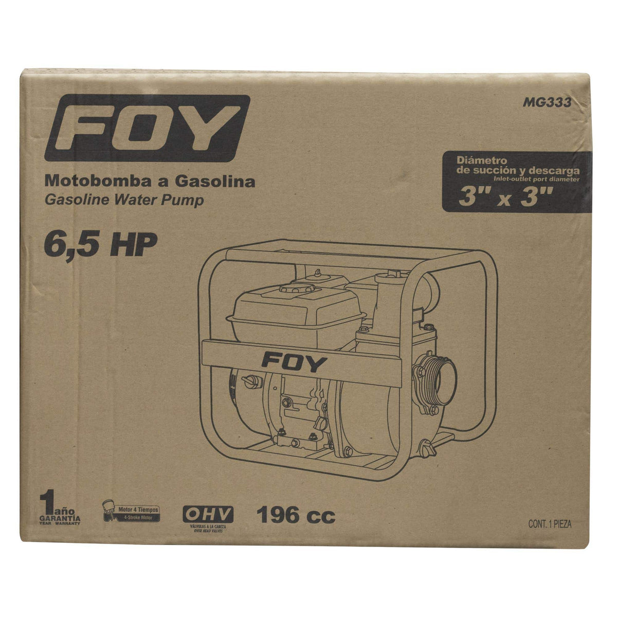 Motobomba A Gasolina Con Diámetro De Succión Y Descarga De 3 x 3, 6.5 HP, Foy MG333