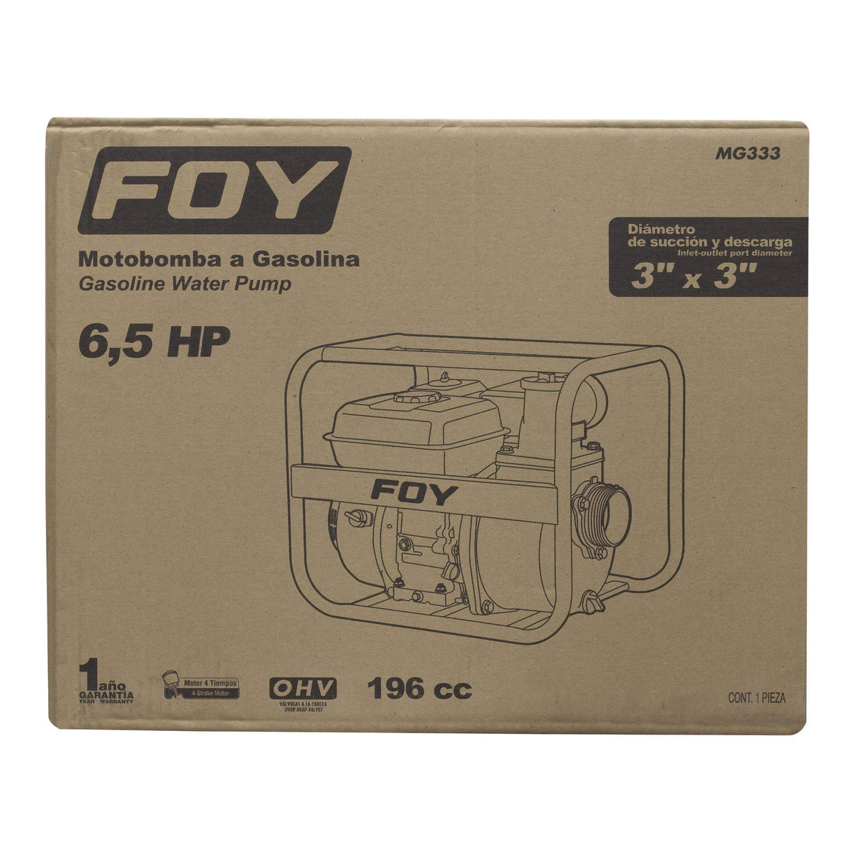 Motobomba A Gasolina Con Diámetro De Succión Y Descarga De 3 x 3, 6.5 HP, Foy MG333