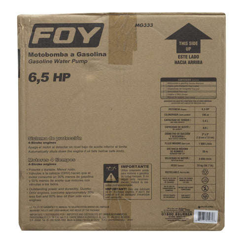 Motobomba A Gasolina Con Diámetro De Succión Y Descarga De 3 x 3, 6.5 HP, Foy MG333