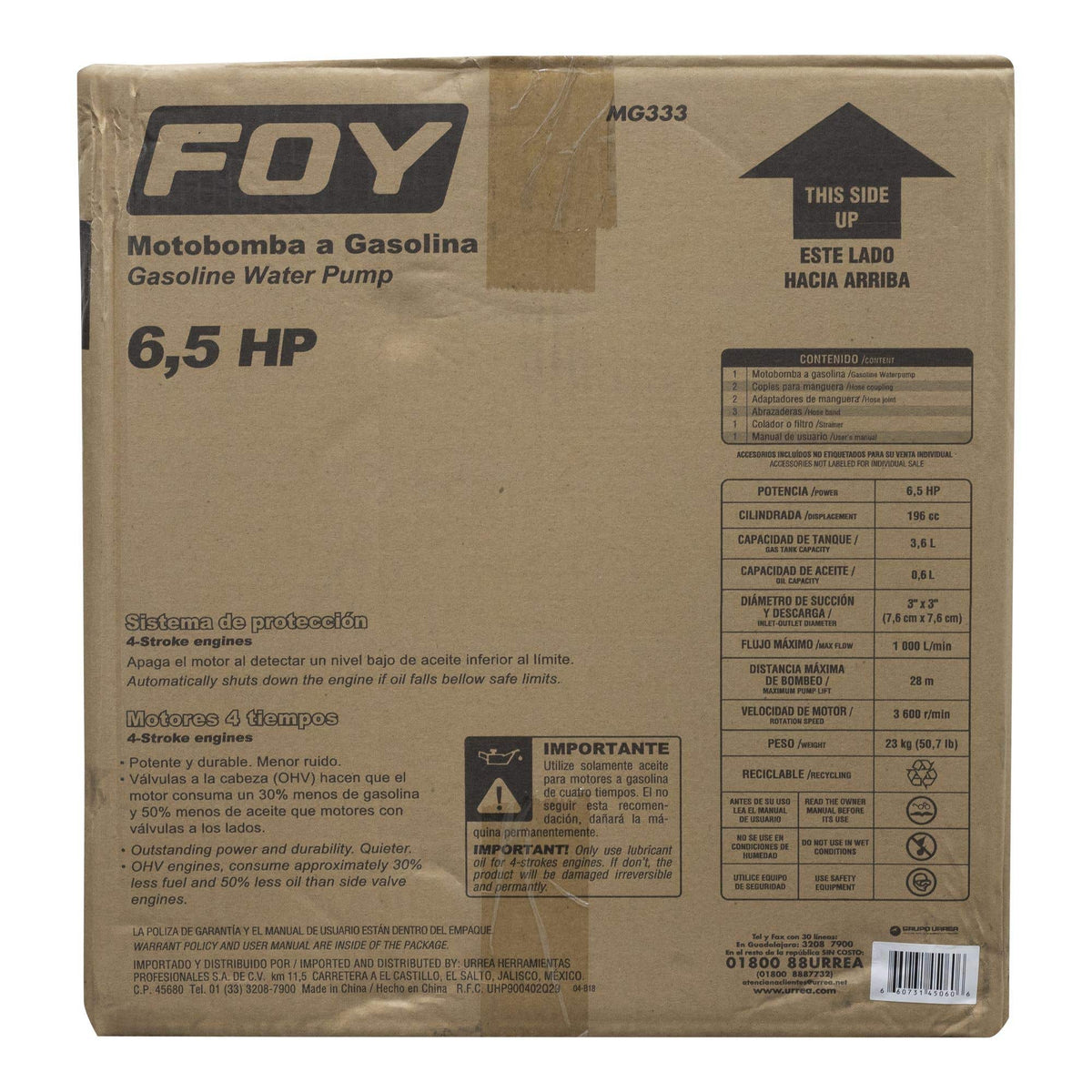 Motobomba A Gasolina Con Diámetro De Succión Y Descarga De 3 x 3, 6.5 HP, Foy MG333