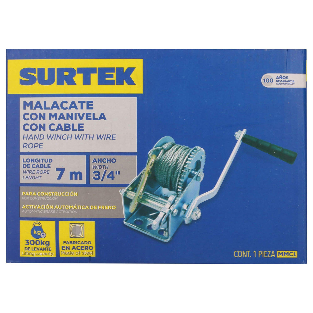 Malacate De Manivela Con Cable 300 kg, Surtek MMC1