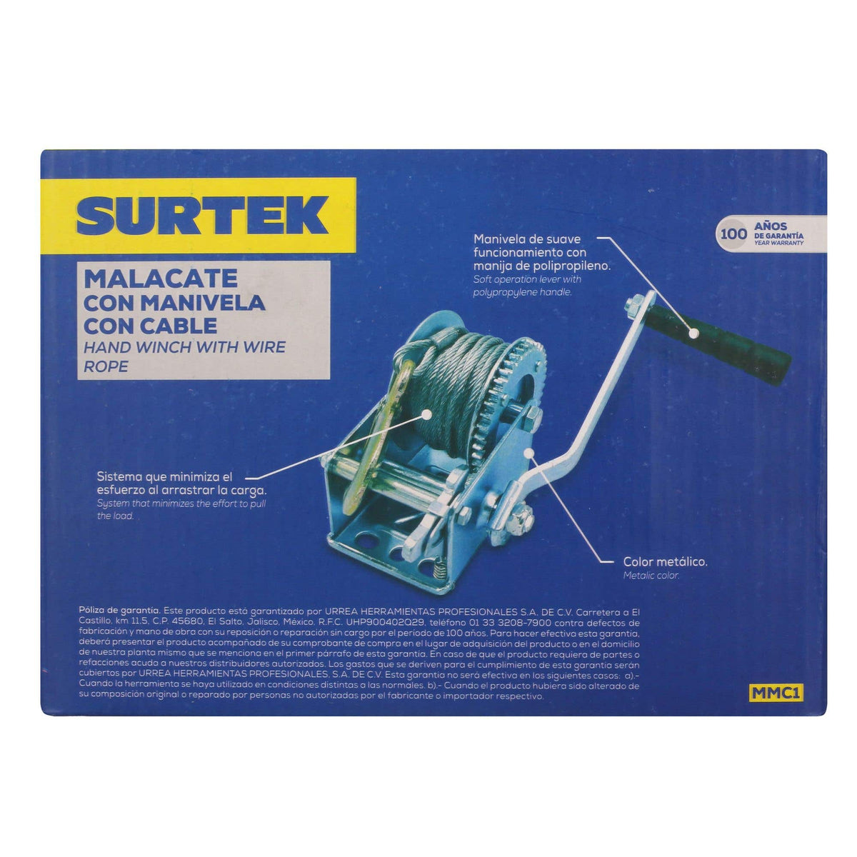 Malacate De Manivela Con Cable 300 kg, Surtek MMC1