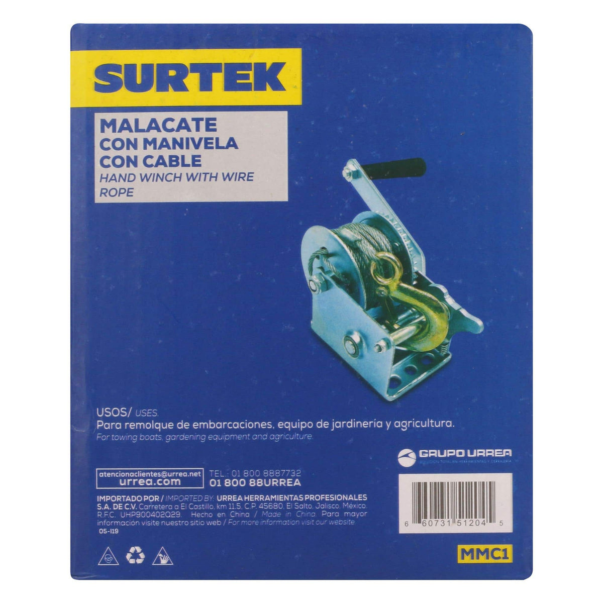 Malacate De Manivela Con Cable 300 kg, Surtek MMC1