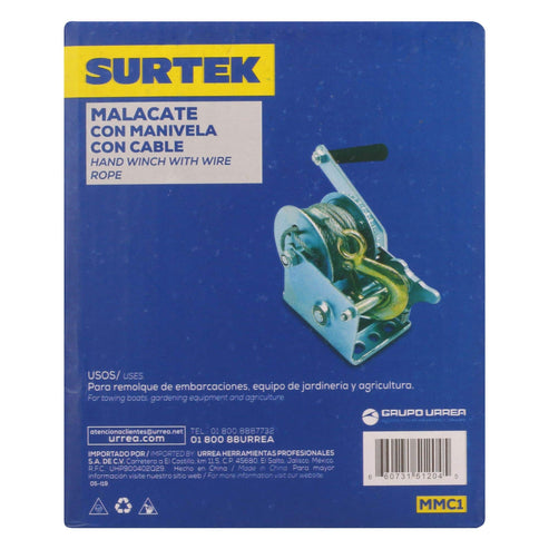 Malacate De Manivela Con Cable 300 kg, Surtek MMC1
