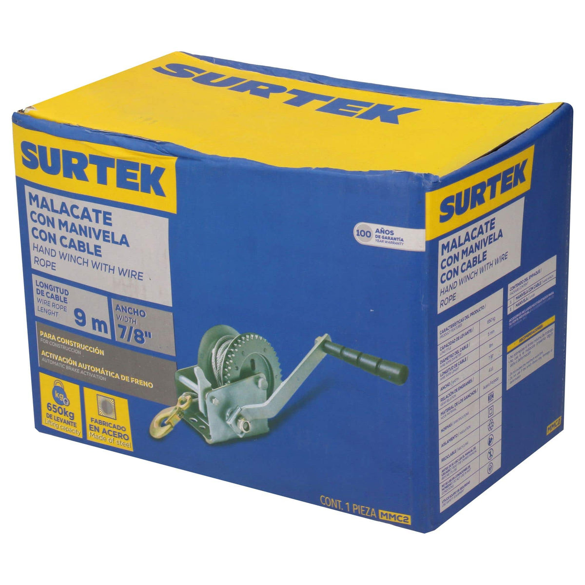 Malacate De Manivela Con Cable 650 kg, Surtek MMC2