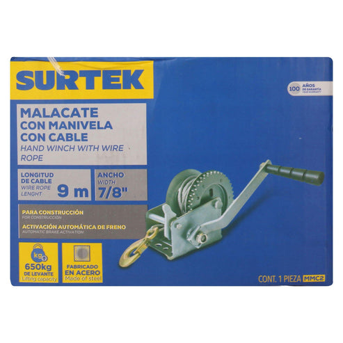 Malacate De Manivela Con Cable 650 kg, Surtek MMC2