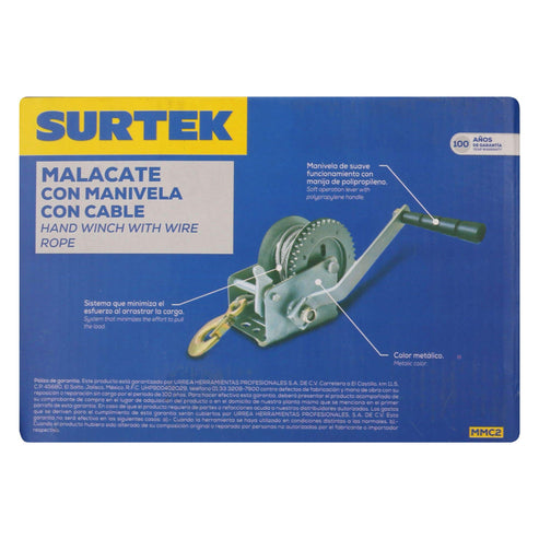 Malacate De Manivela Con Cable 650 kg, Surtek MMC2