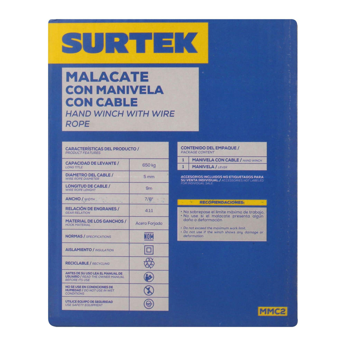 Malacate De Manivela Con Cable 650 kg, Surtek MMC2