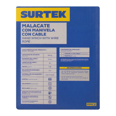 Malacate De Manivela Con Cable 650 kg, Surtek MMC2