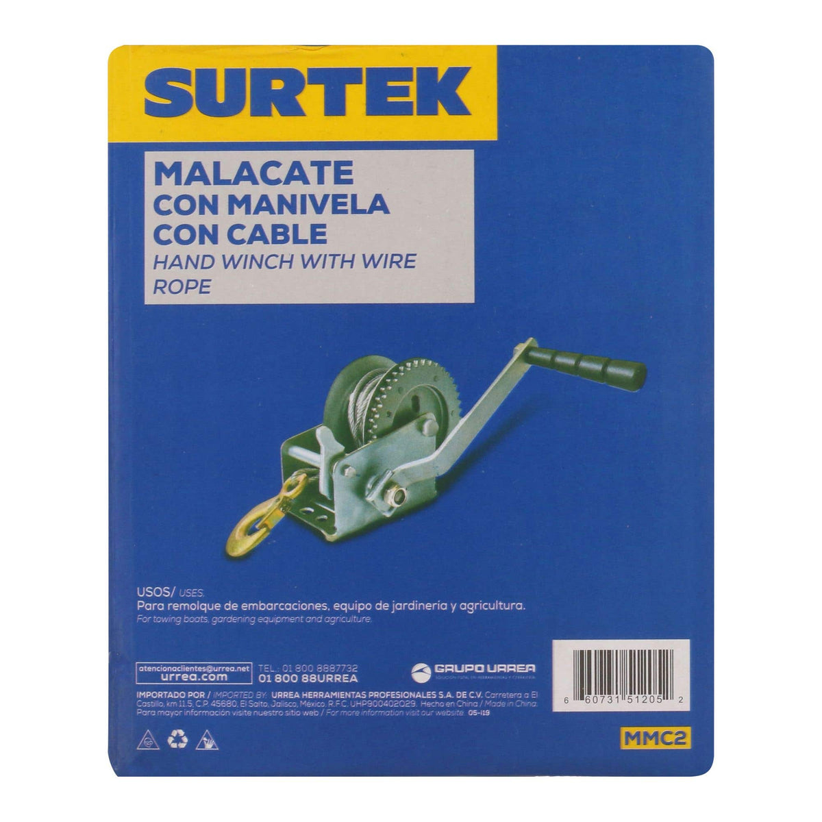 Malacate De Manivela Con Cable 650 kg, Surtek MMC2