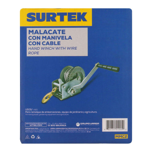 Malacate De Manivela Con Cable 650 kg, Surtek MMC2
