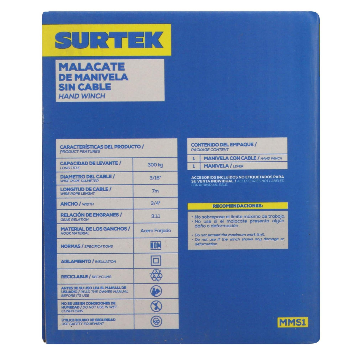 Malacate De Manivela Sin Cable 300 kg, Surtek MMS1