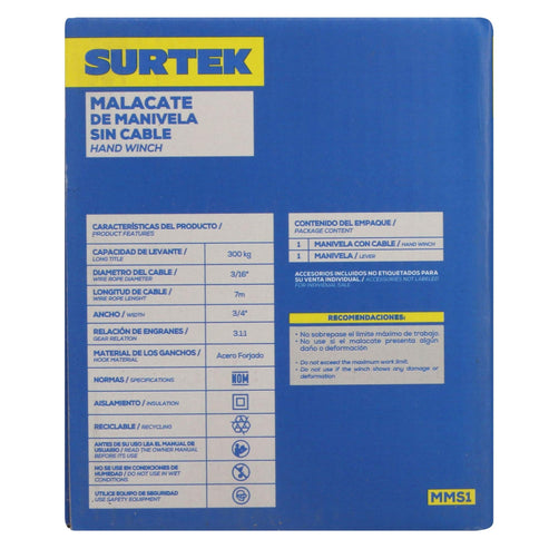 Malacate De Manivela Sin Cable 300 kg, Surtek MMS1