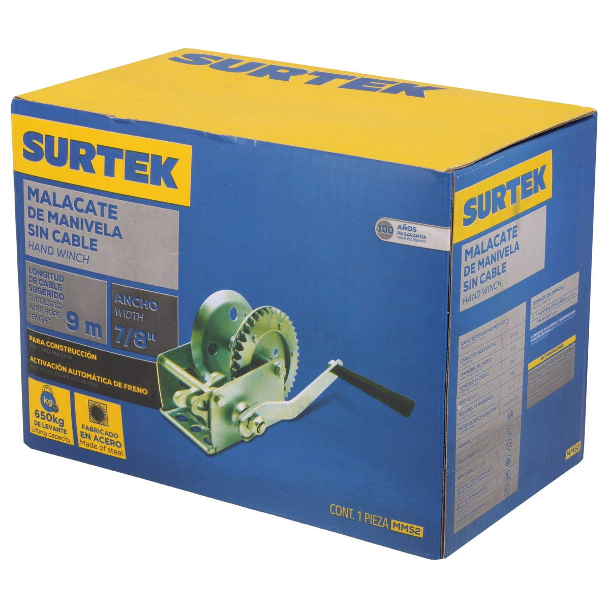 Malacate De Manivela Sin Cable 650 kg, Surtek MMS2
