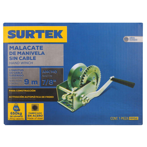 Malacate De Manivela Sin Cable 650 kg, Surtek MMS2