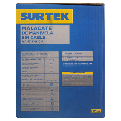Malacate De Manivela Sin Cable 650 kg, Surtek MMS2