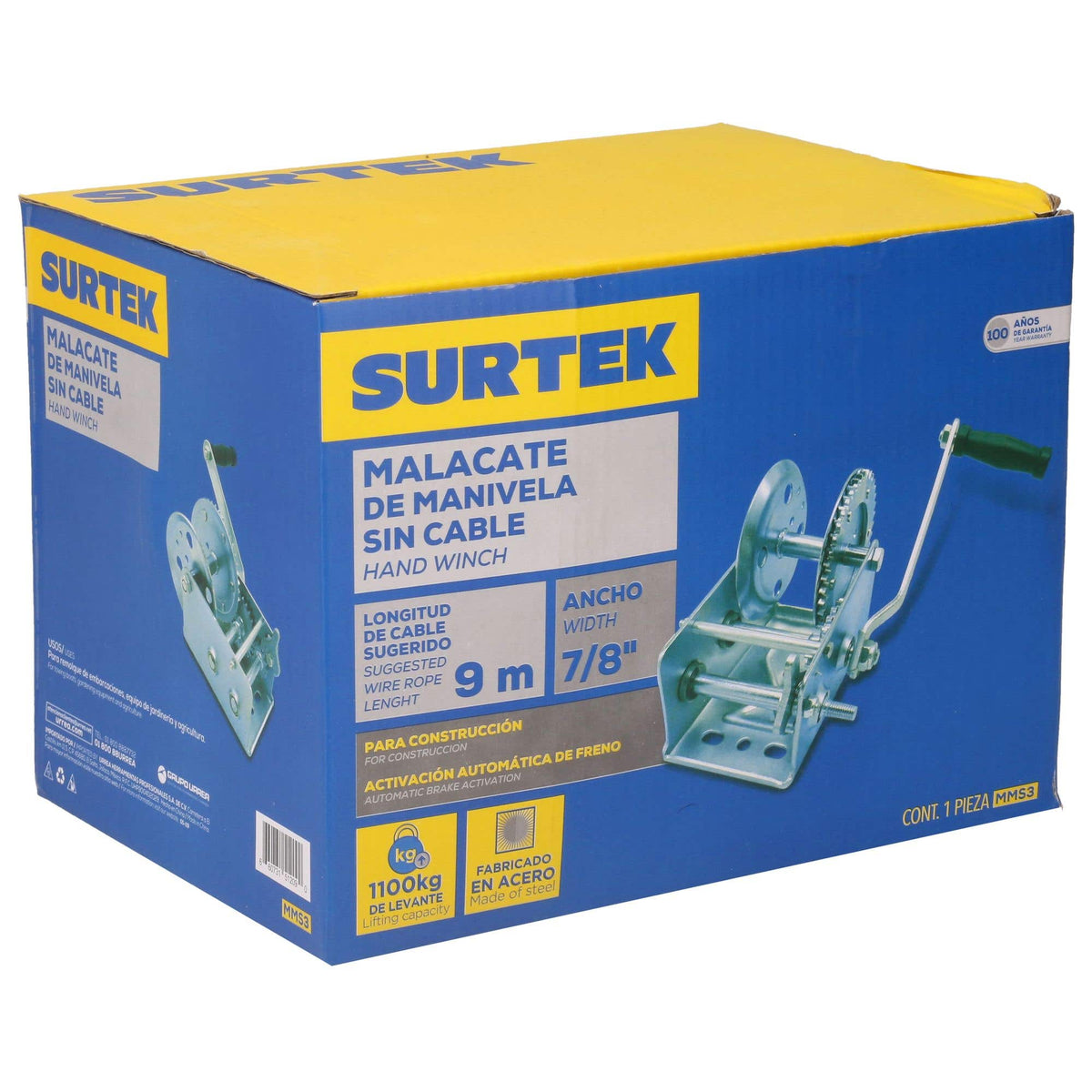 Malacate De Manivela Con Cable 1100 kg, Surtek MMS3