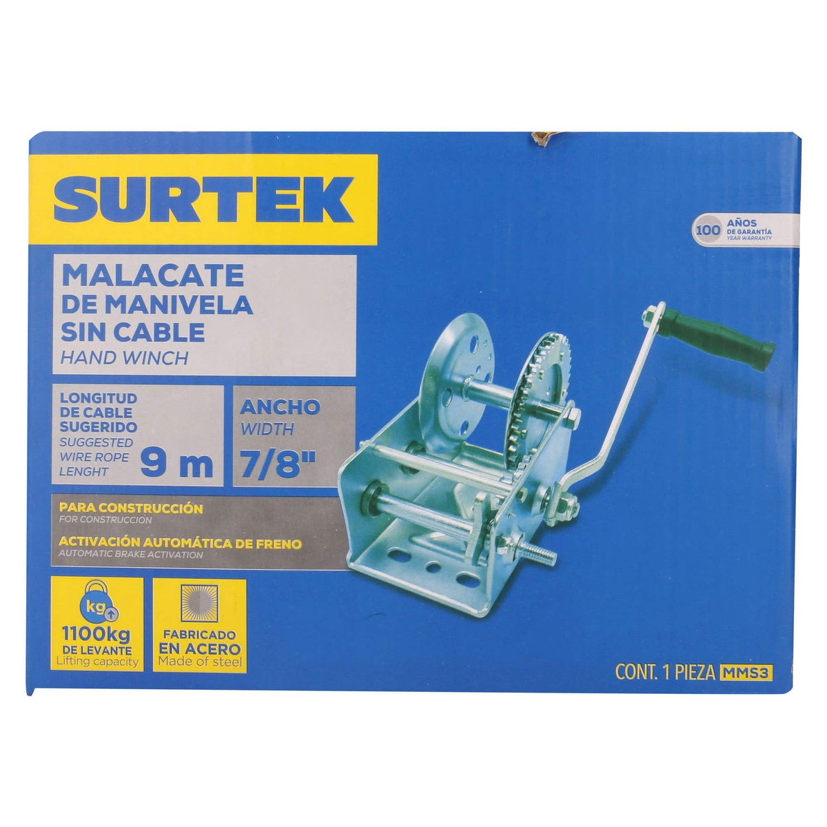 Malacate De Manivela Con Cable 1100 kg, Surtek MMS3