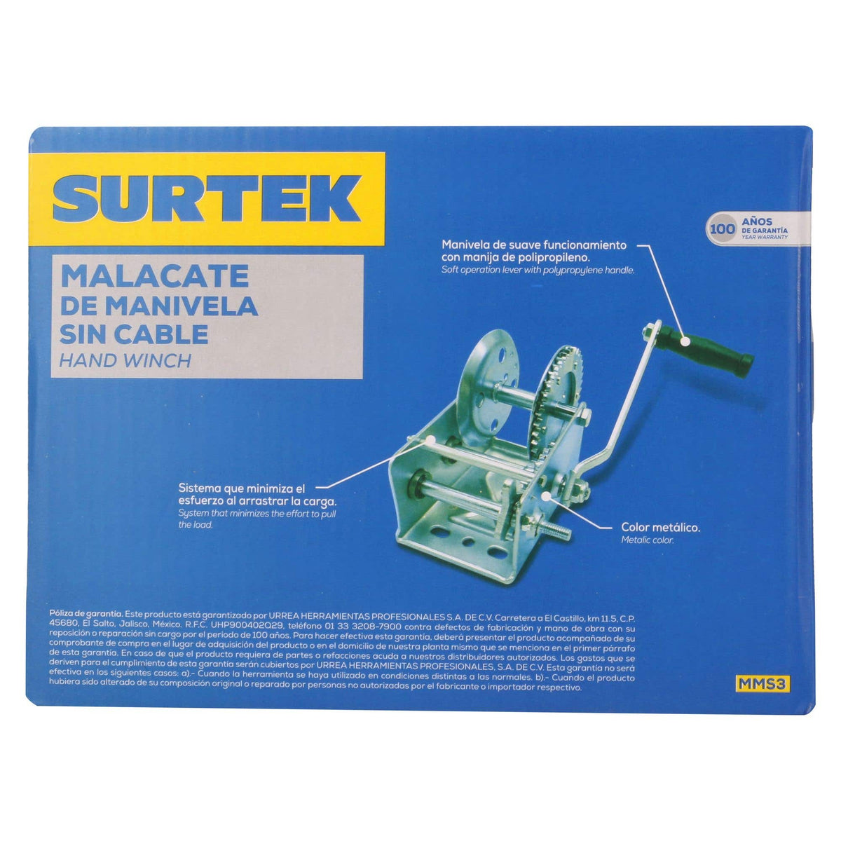 Malacate De Manivela Con Cable 1100 kg, Surtek MMS3