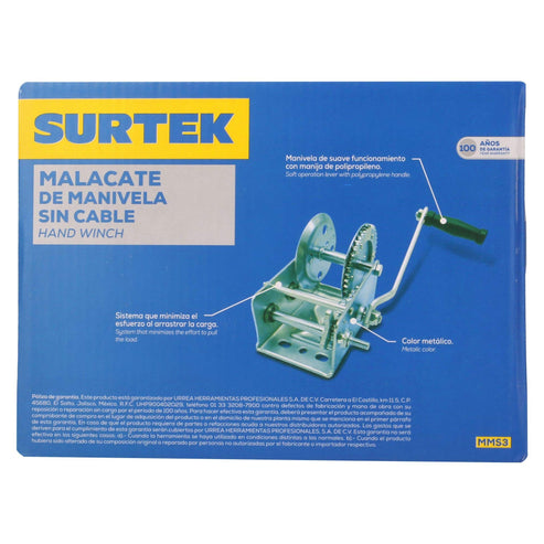 Malacate De Manivela Con Cable 1100 kg, Surtek MMS3