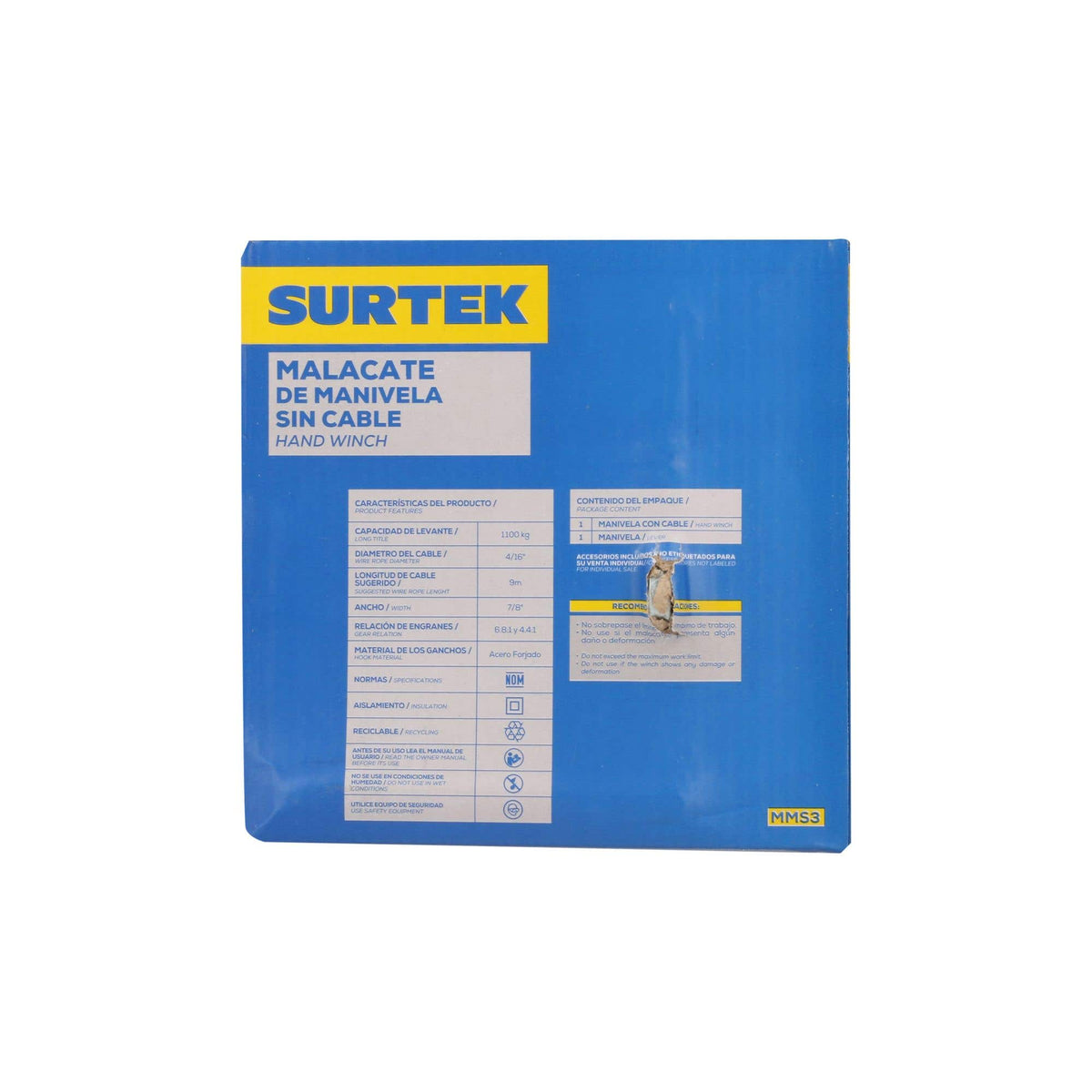 Malacate De Manivela Con Cable 1100 kg, Surtek MMS3