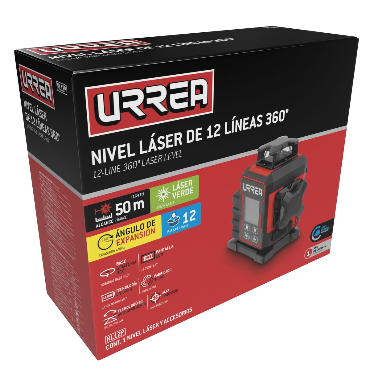 Nivel Láser 12 Líneas 360°, Pantalla LCD, Urrea NL12P