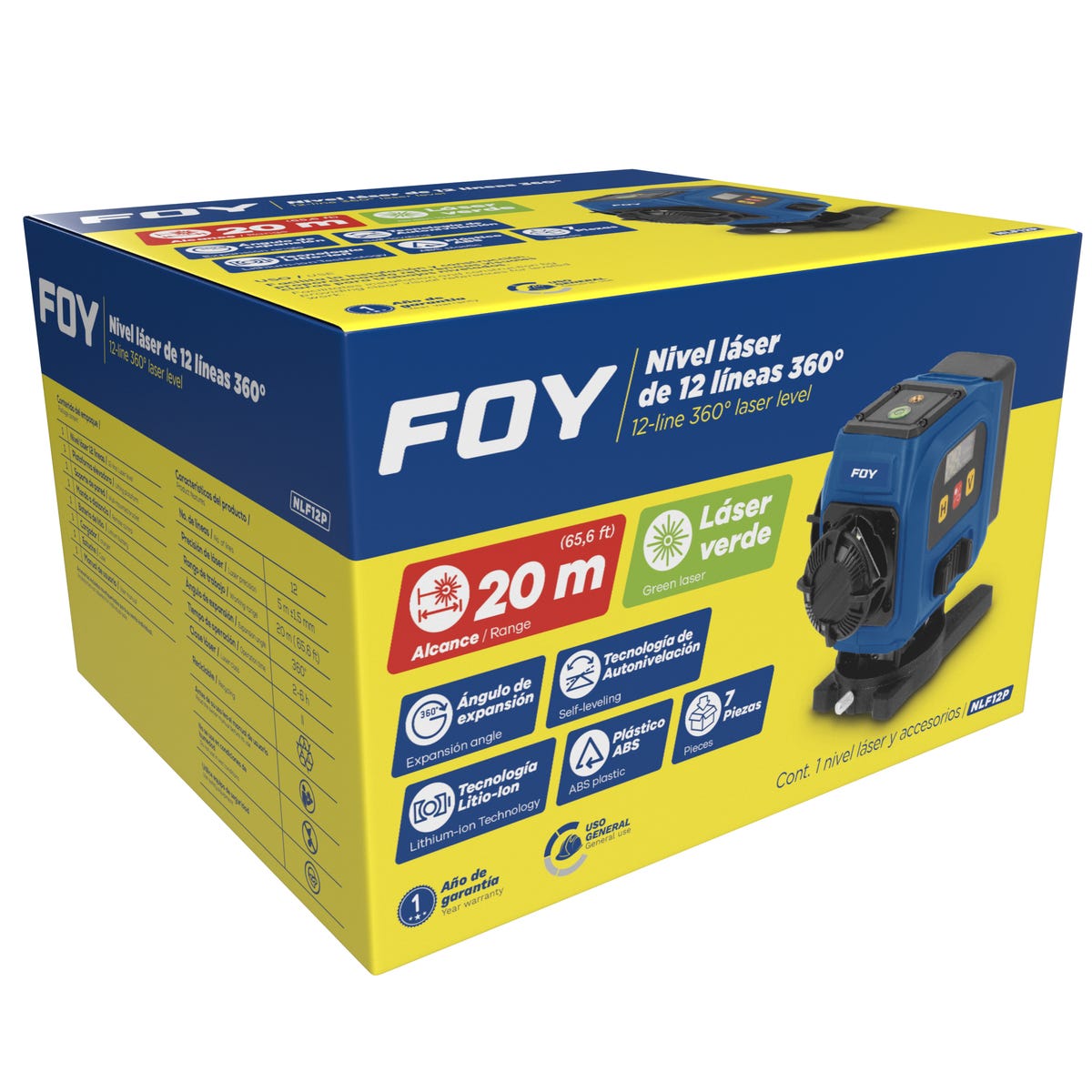 Nivel Láser 12 Líneas 360°, Pantalla LCD, Foy NLF12P