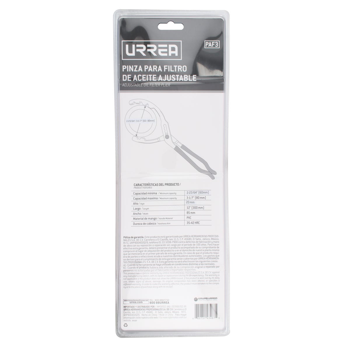 Pinza Ajustable Para Filtros De Aceite 2-23/64 A 3/17 De 12, Urrea PAF3