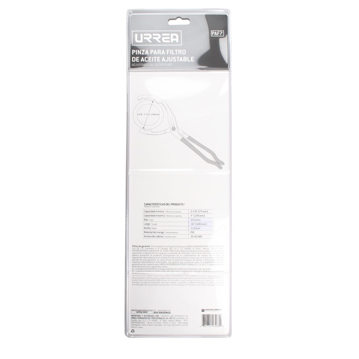 Pinza Ajustable Para Filtros De Aceite 2-7/8 A 7 De 16, Urrea PAF7