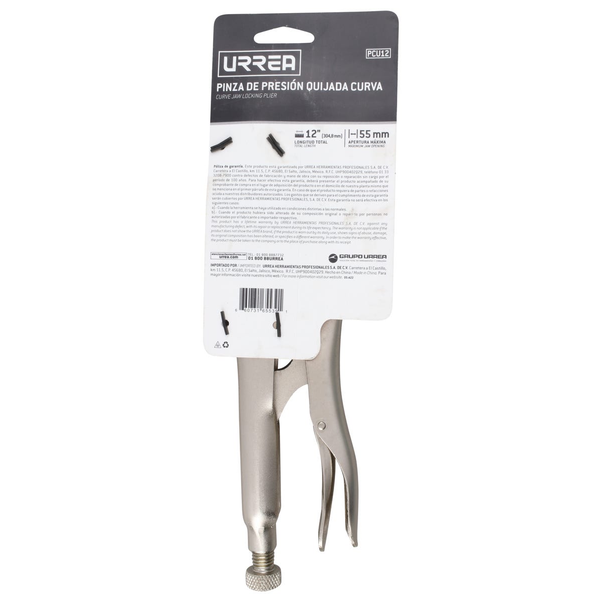 Pinza De Presión Cromada Quijada Curva Con Corta Alambre De 12, Urrea PCU12