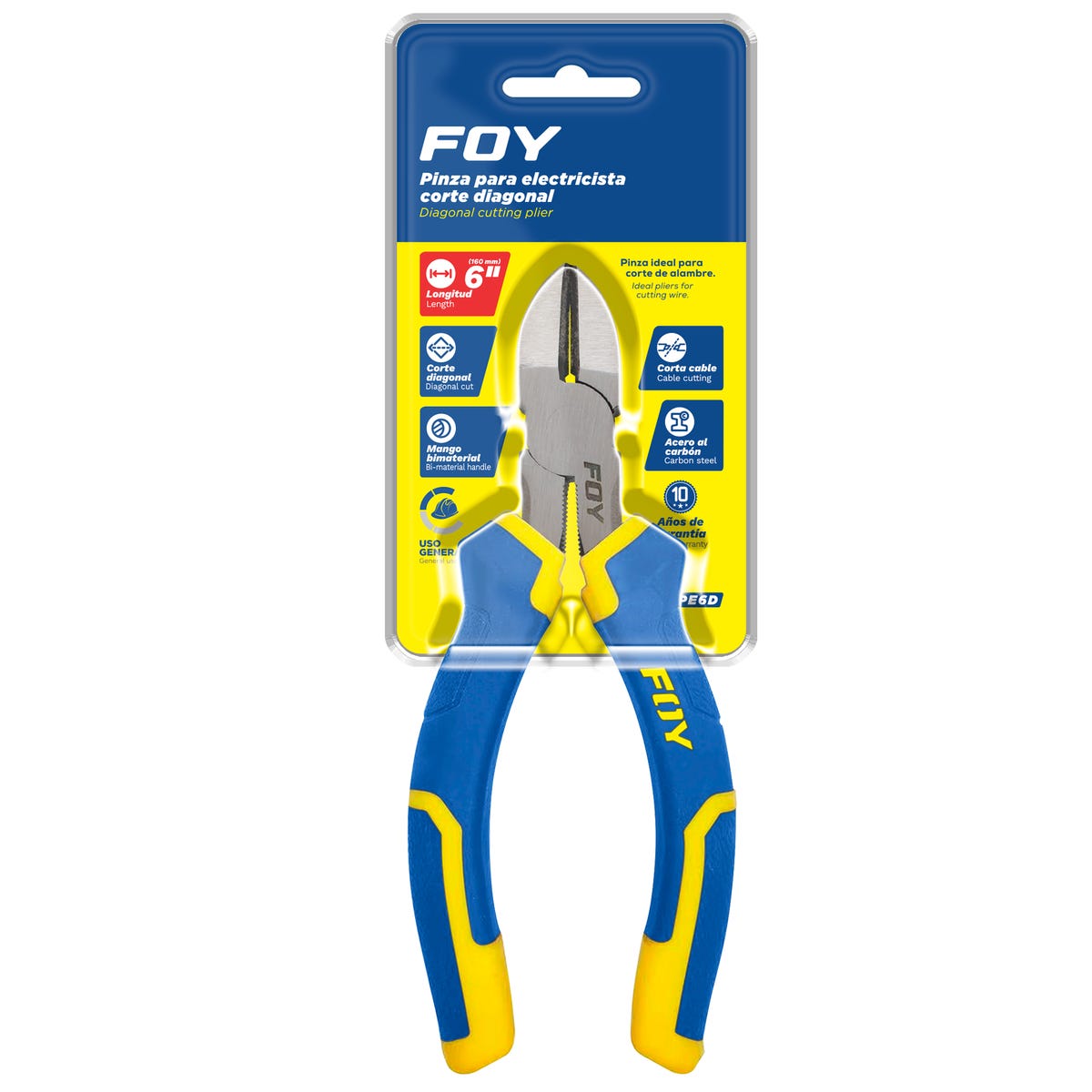 Pinza Para Electricista Con Mango Bimaterial Corte Diagonal De 6, Foy PE6D