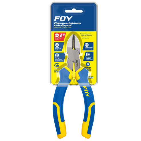 Pinza Para Electricista Con Mango Bimaterial Corte Diagonal De 6, Foy PE6D