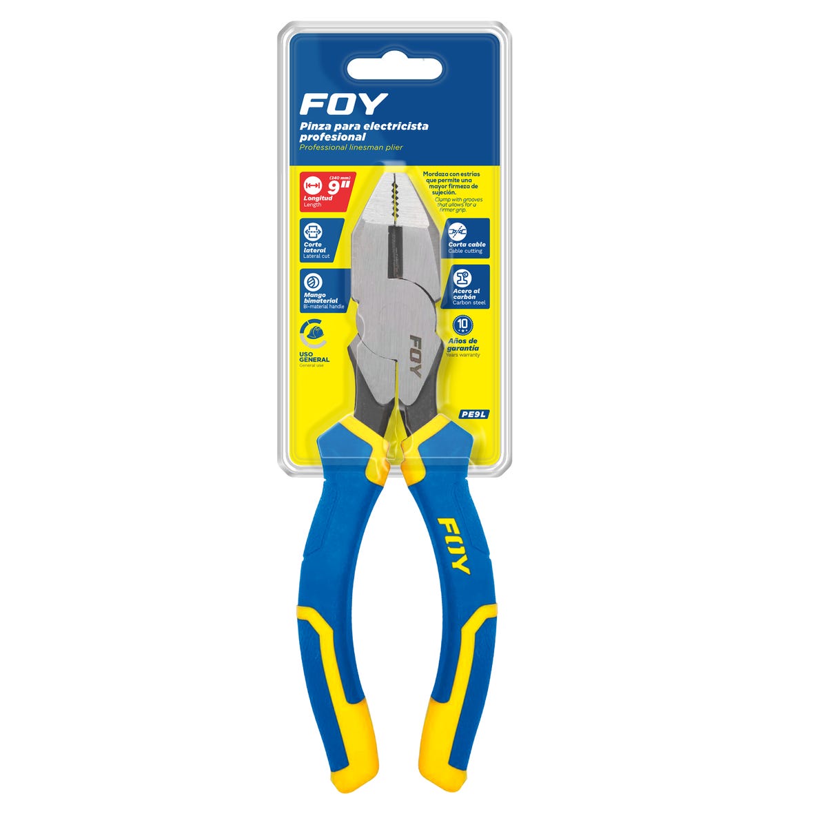 Pinza Para Electricista Con Mango Bimaterial Corte Lateral De 9, Foy PE9L