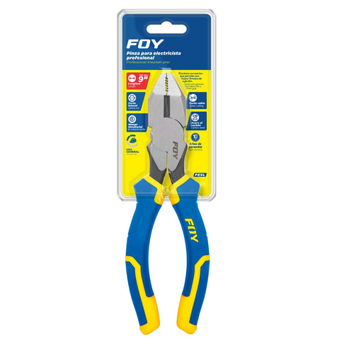 Pinza Para Electricista Con Mango Bimaterial Corte Lateral De 9, Foy PE9L