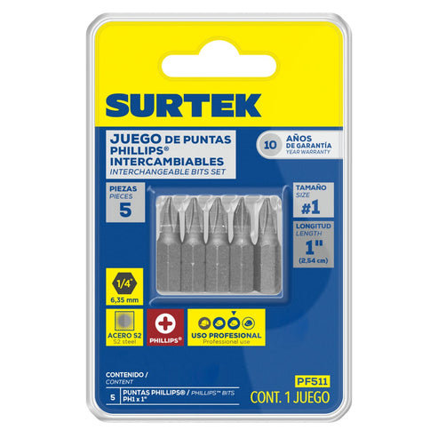 Punta Phillips Hexágono De 1/4, #1 x 1, Surtek PF511