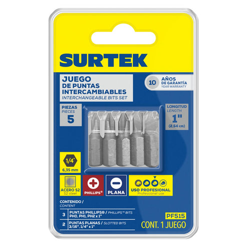Juego Combinado De Puntas Phillips Y Planas De 1 Hexágono De 1/4, 5 Piezas En Blíster, Surtek PF515