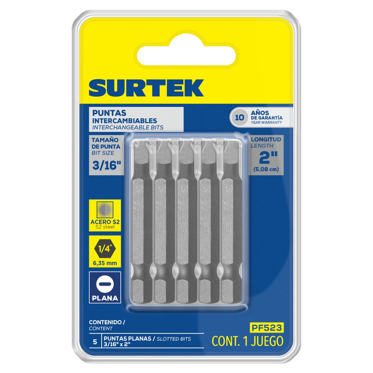 Punta Plana Para Destornillador Hexágono De 1/4, 3/16 x 2, Surtek PF523