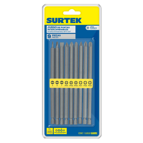 Juego Combinado De Puntas Extra Largas Hexágono De 1/4, 9 Piezas En Blíster, Surtek PFCL9