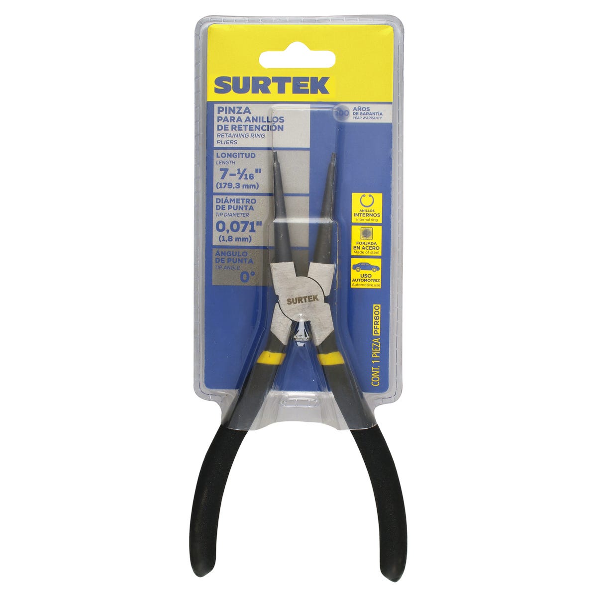 Pinza Para Anillos De Retención Con Doble Mango De Vinil Fijas Tipo Interno Ángulo De 0°, Surtek PFR600